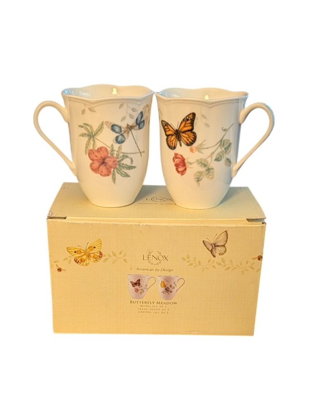 Lenox Butterfly Meadow Mugs Set Of 2 - 12 Oz Porcelain Floral & Butterfly Design